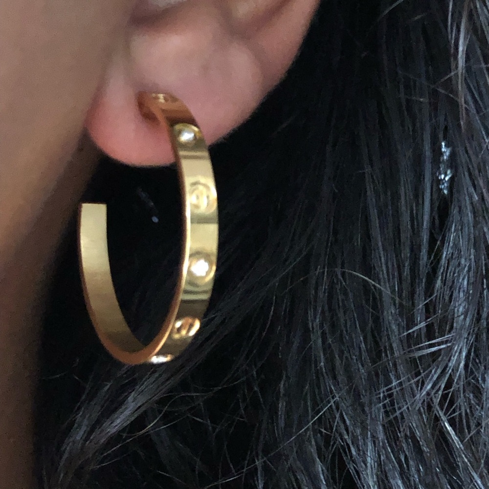 Gold Screw Earrings Zirconia Hoops - Picture 16 of 17